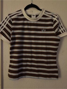 Adidas womens Striped Crew Tee in White, Brown and Black terry material